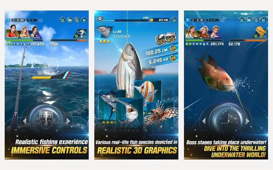 Drei Bildschirmfotos aus Ace Fishing Crew: Angelszene, Liste der Fischarten und Unterwasseransicht