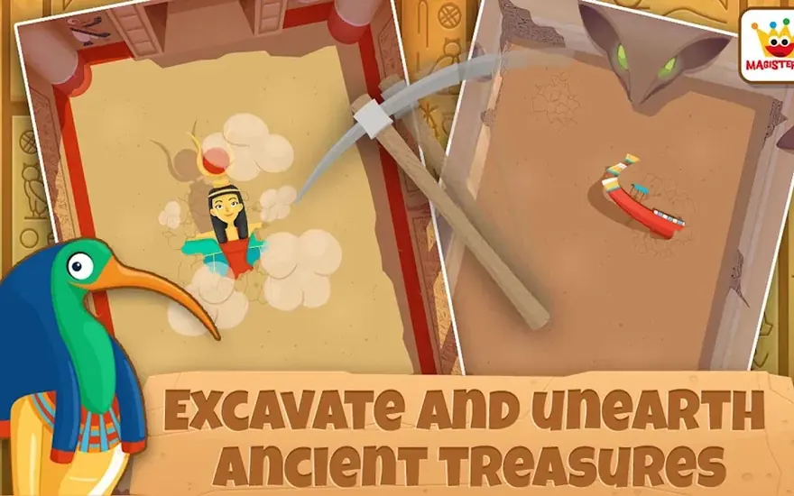 Ausgrabungsfeld aus Archaeologist Ancient Egypt mit Spitzhacke und freigelegten Fundstücken