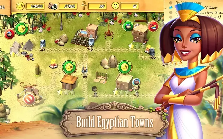 Aufbauansicht aus Fate of the Pharaoh mit Werkstätten, Feldern und einer Figur am Bildrand