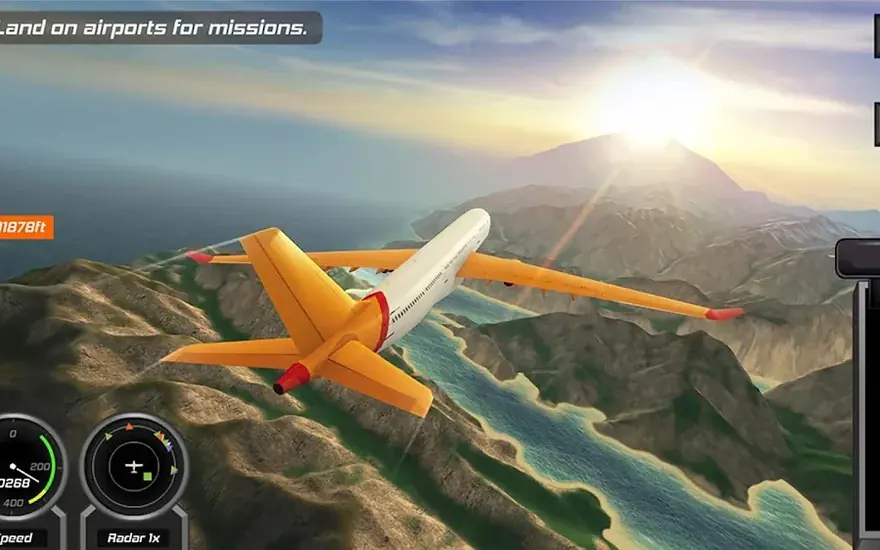 Kleines Flugzeug über einer Bergkette in Flight Pilot mit Anzeigen für Höhe und Kurs
